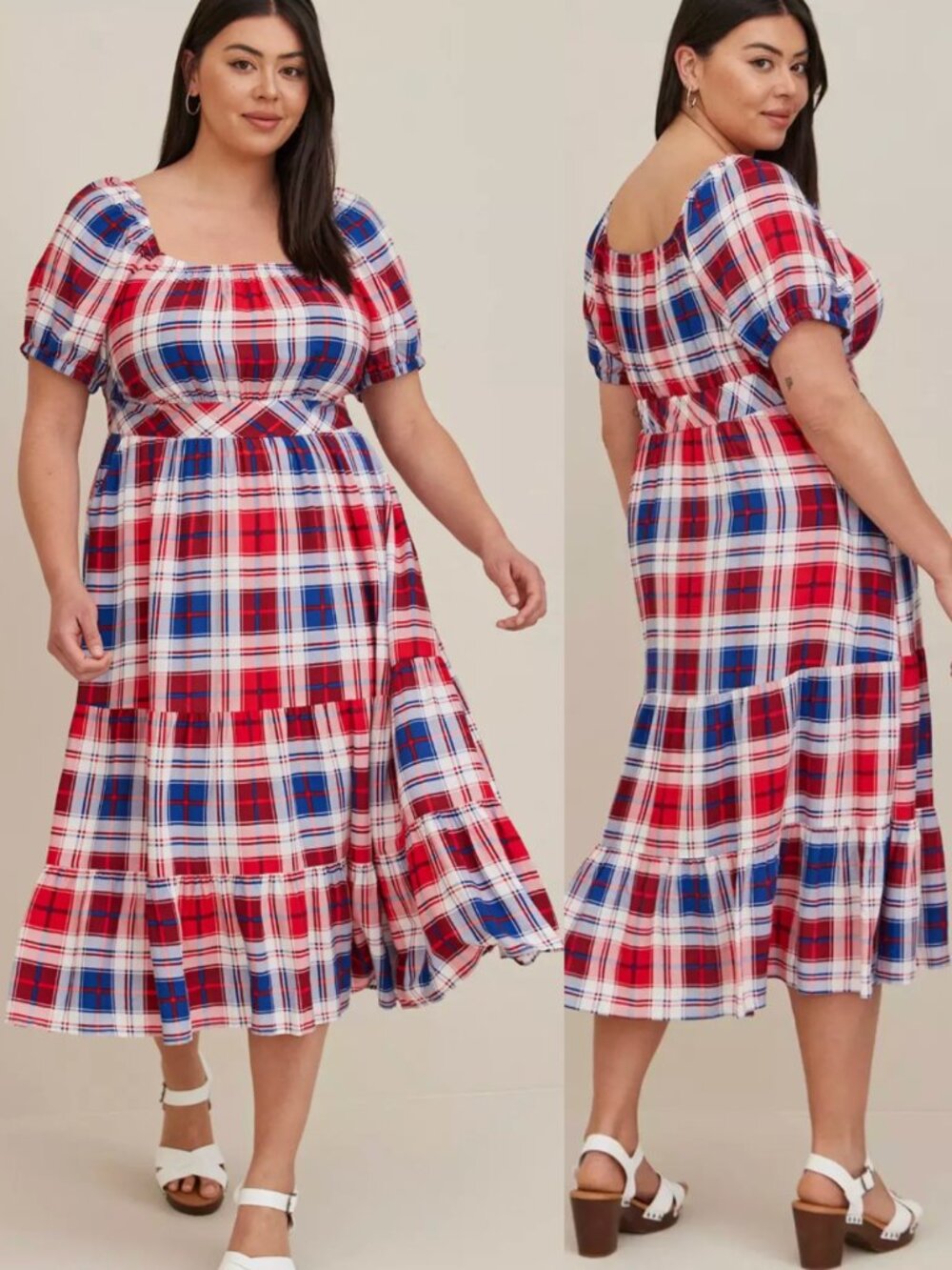 TORRID 2 Plus Size Puff Sleeve Tiered Maxi Dress Challis Plaid Red White Blue 2X